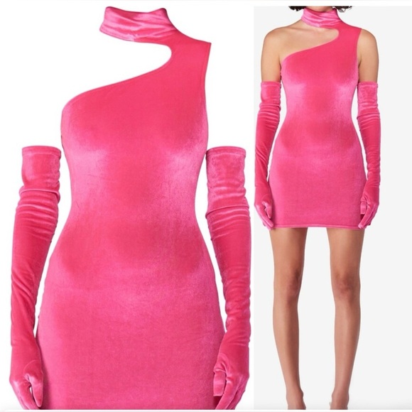 New! Revolve x Miscreants Bodycon Hot Pink Velvet Mini Dress w/ Opera Gloves💖 XS - Picture 6 of 10